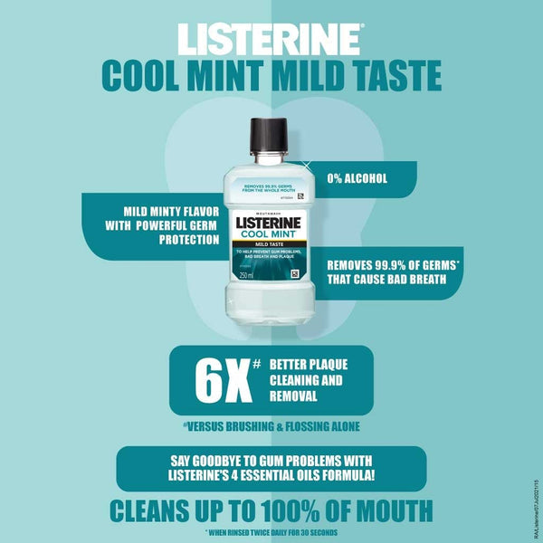 Listerine Cool Mint Milder Taste 0% Alcohol Mouthwash, 16.9oz 500ml (Pack of 6)