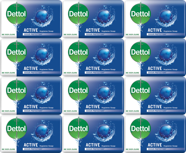 Dettol Active Antibacterial Soap Bar, 3.5oz (100g) (Pack of 12)