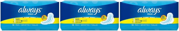 Always Maxi Regular with Flexi-Wings Size 1 Sanitary Pads, 10 ct. (Pack of 3)