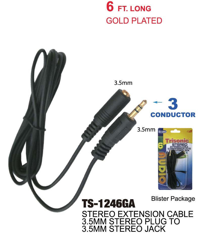 Stereo Extension Cable 3.5mm Stereo Plug to 3.5mm Stereo Jack, 6 ft.