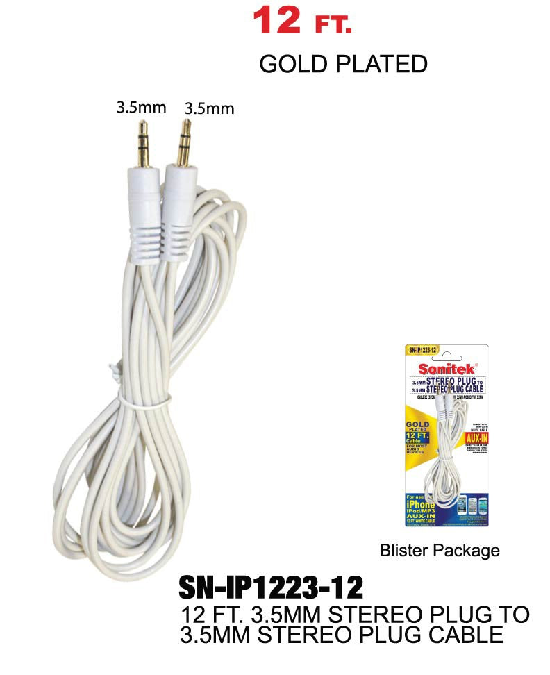 3.5mm Stereo Plug to 3.5mm Stereo Plug Cable Gold Plated, 12 ft. Aux-In