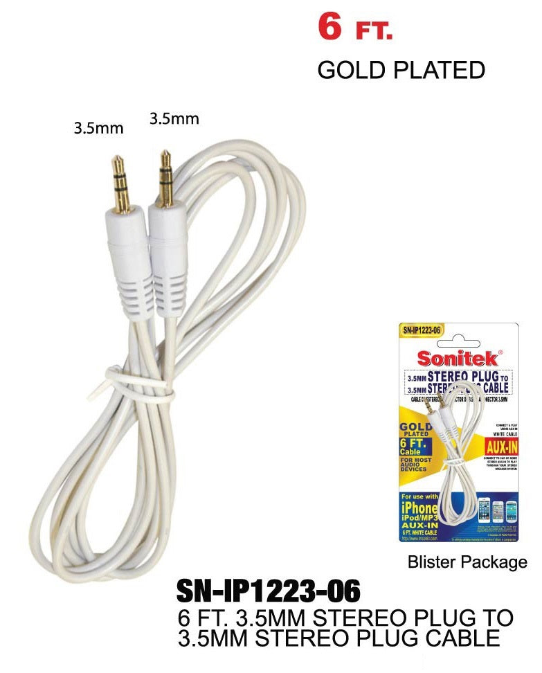 3.5mm Stereo Plug to 3.5mm Stereo Plug Cable Gold Plated, 6 ft. Aux-In