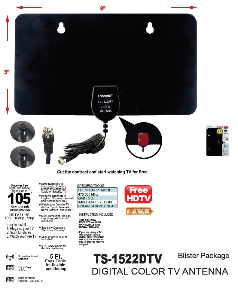 Digital Color HDTV TV Antenna, Up to 105 Channels