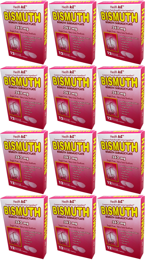 Health A2Z Bismuth 262 mg, 12 Chewable Tablets (Pack of 12)