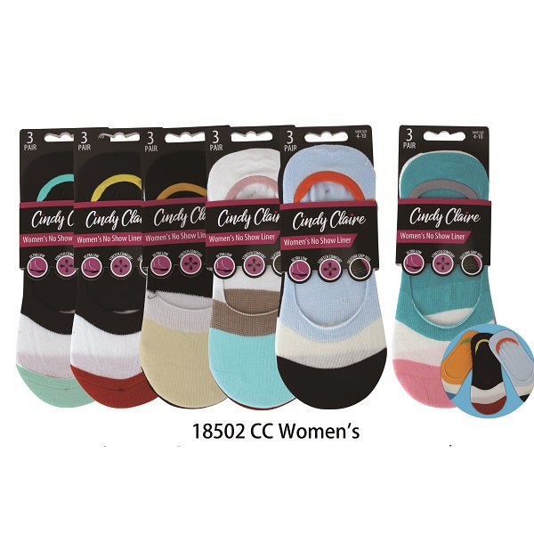 Candy Claire No Show Liner Socks 3PK Stripes Assorted (Pack of 6)