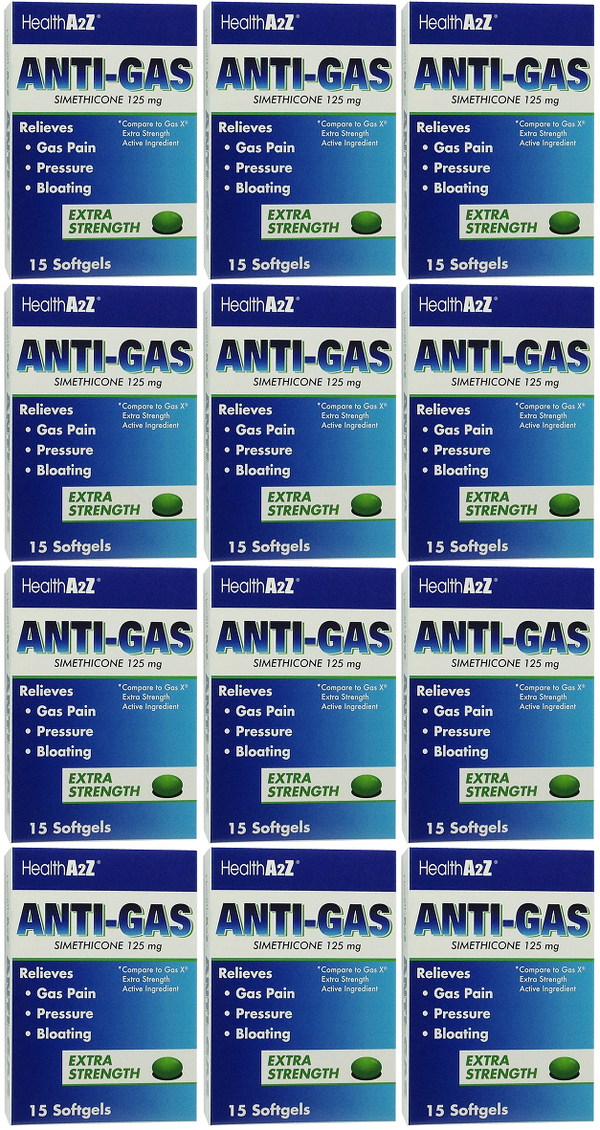 Health A2Z Anti-Gas Simethicone 125 mg, 15 Softgels (Pack of 12)