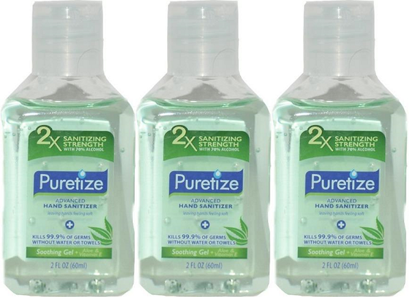 Puretize Hand Sanitizer Soothing Gel + Aloe & Vitamin E, 2 oz (Pack of 3)