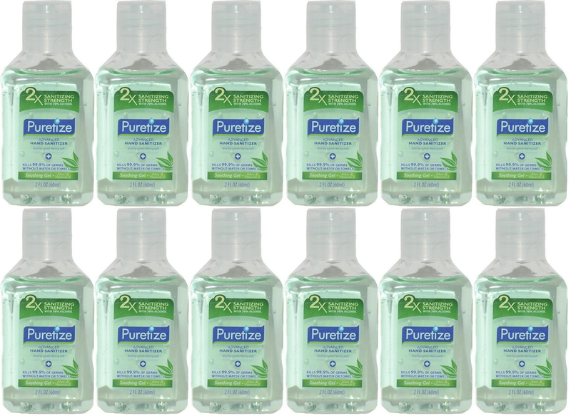 Puretize Hand Sanitizer Soothing Gel + Aloe & Vitamin E, 2 oz (Pack of 12)