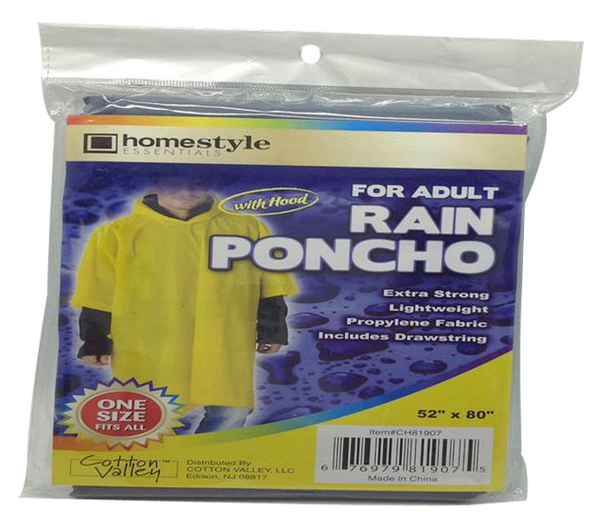 Rain Poncho With Hood For Adults, 52" x 80", 1-ct.