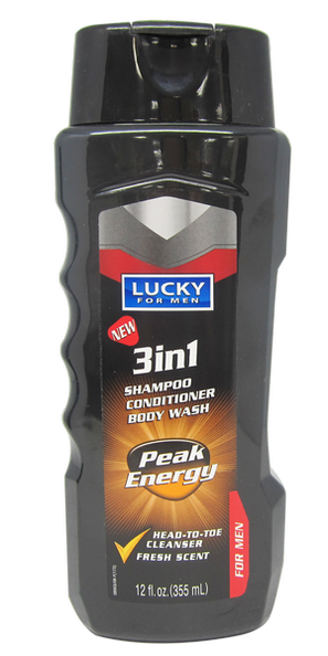 Lucky For Men 3-in-1 Shampoo Conditioner Body Wash Peak Energy, 12 oz