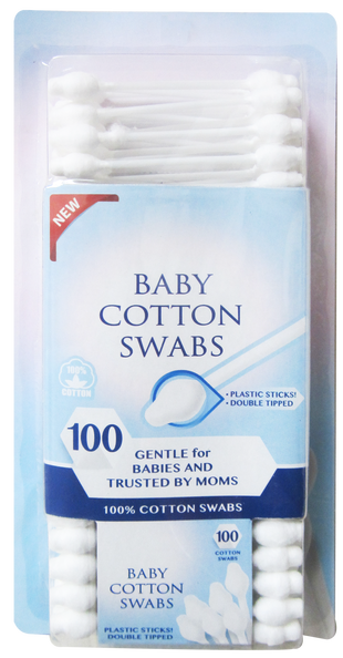 100% Cotton Baby Swabs, Double Tipped - Plastic Sticks, 100 ct.