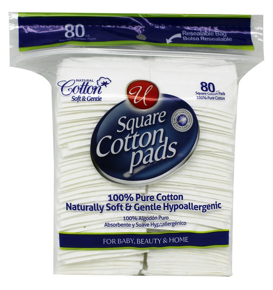 100% Pure Cotton Square Cotton Pads, Gentle Hypoallergenic, 80 ct.