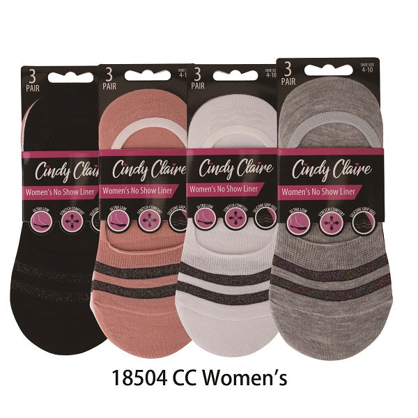 Candy Claire Women's No Show Liner Socks 3PK Lines Solid Assorted