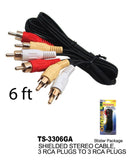 Shielded Stereo Cable 3 RCA Plugs to 3 RCA Plugs, 6 ft.