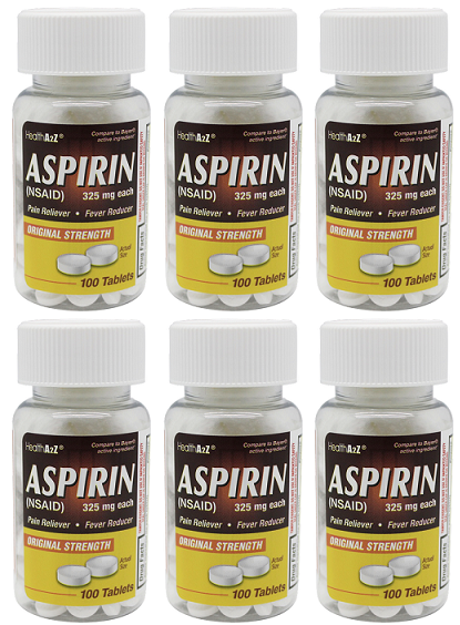 Health A2Z Aspirin Original Strength - 325 mg, 100 Tablets (Pack of 6)