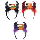Devil Horns Headband With Sequins & Feathers (Pack of 3)