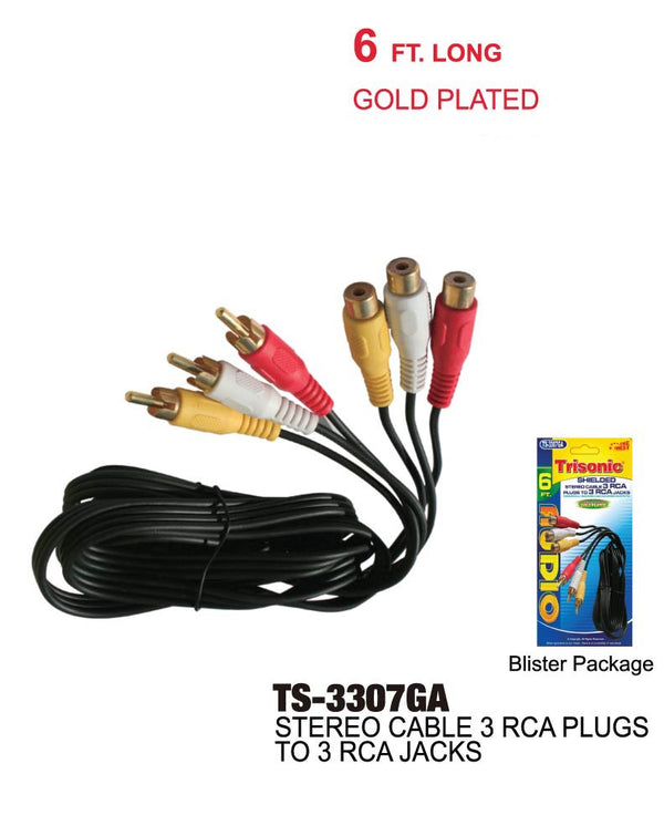 Shielded Stereo Cable 3 RCA Plugs to 3 RCA Jacks, 6 ft.
