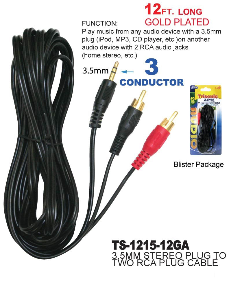 3.5mm Stereo Plug to 2 RCA Plugs Cable, 12 ft.