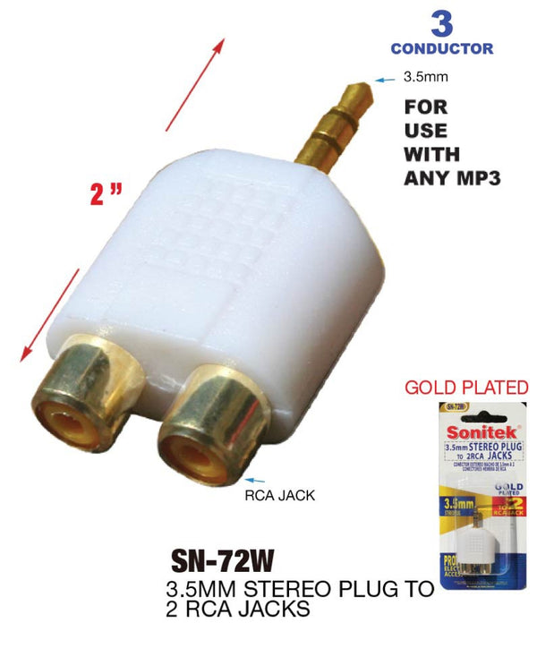 3.5 mm Stereo Plug to 2 RCA Jacks Gold Plated Adapter