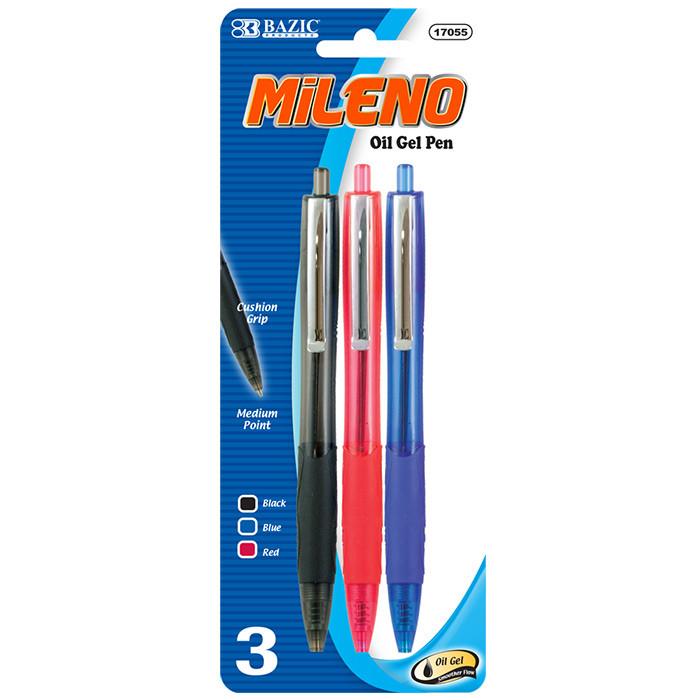 Mileno Asst. Color Oil-Gel Ink Retractable Pen W/ Cushion Grip & Metal Clip (3/Pack)