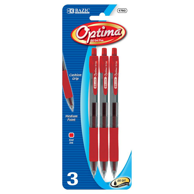 Optima Red Oil-Gel Ink Retractable Pen w/ Grip (3/Pack)