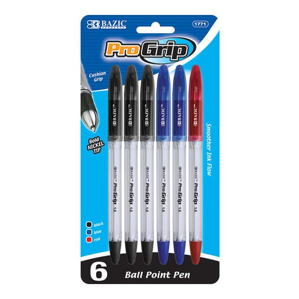 Progrip Assorted Color Stick Pen W/ Grip (6/Pack)