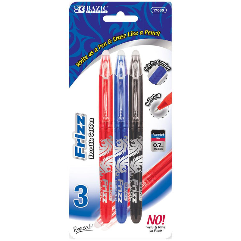 Frizz Assorted Color Erasable Gel Pen with Grip (3/Pack)