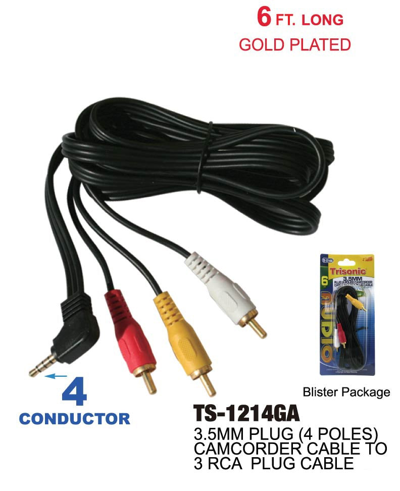 3.5mm Plug (4 Poles) Camcorder Cable to 3 RCA Plug Cable, 6 ft.