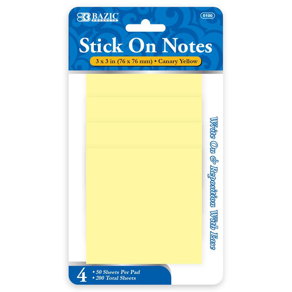 Stick On Notes 3" X 3" 50 Ct. (4/Pack) Yellow