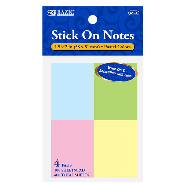 Stick On Notes 1.5" X 2" 100 Ct. (4/Pack)