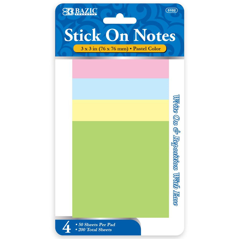 Stick On Notes 3" X 3" 50 Ct. (4/Pack)