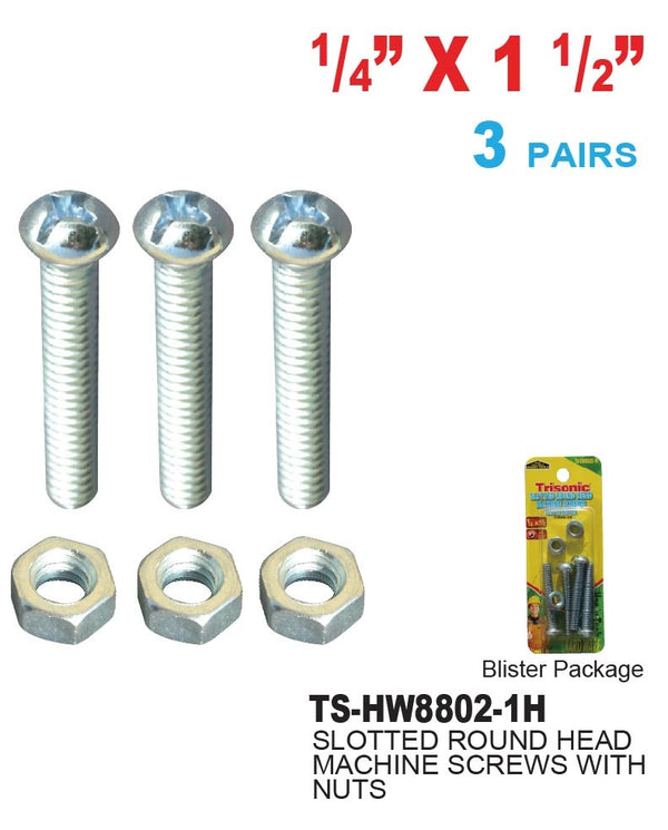 1/4" x 1" Slotted Round Head Machine Screws With Nuts, 6 Pairs