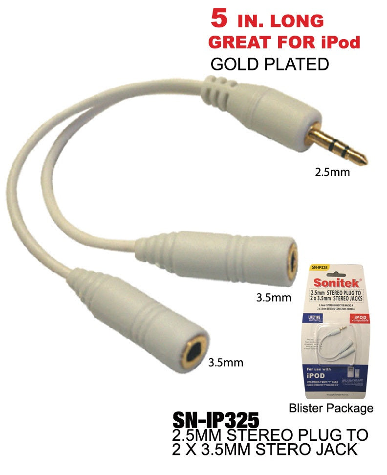 2.5 mm Stereo Plug to 2 x 3.5 mm Stereo Jack, Gold Plated, iPod Compatible