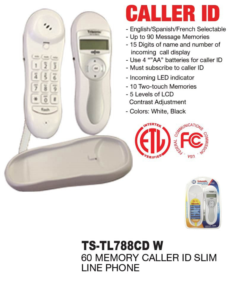 Slim Line Phone With Memory Caller ID, White