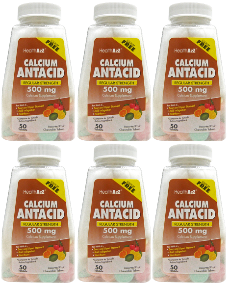 Health A2Z Calcium Antacid Regular Strength 500mg, 50 Tablets (Pack of 6)