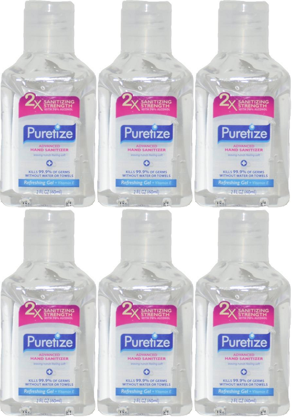 Puretize Hand Sanitizer Refreshing Gel + Vitamin E, 2 oz (Pack of 6)
