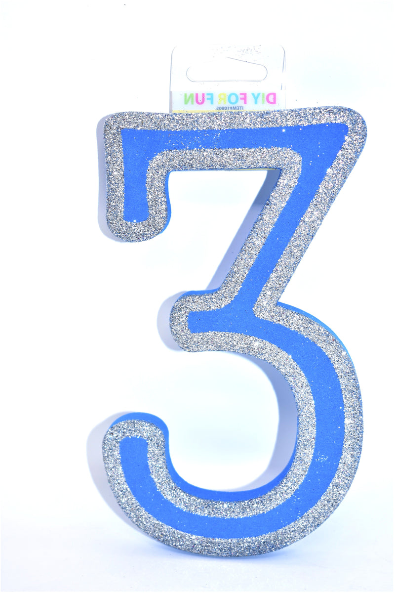 7" Blue Glitter Foam Number "3"