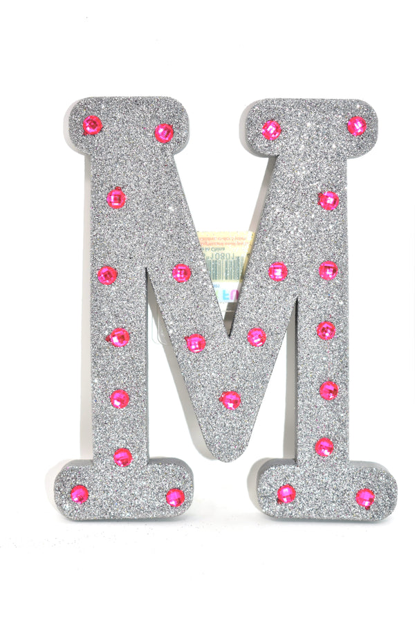 7" Silver Glitter + Pink Rhinestone Foam Letter "M"