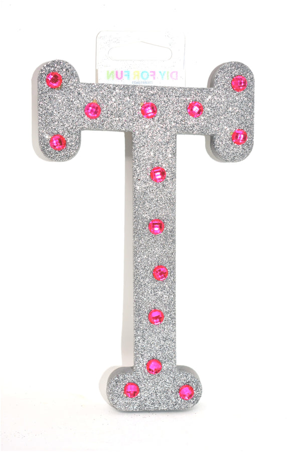 7" Silver Glitter + Pink Rhinestone Foam Letter "T"