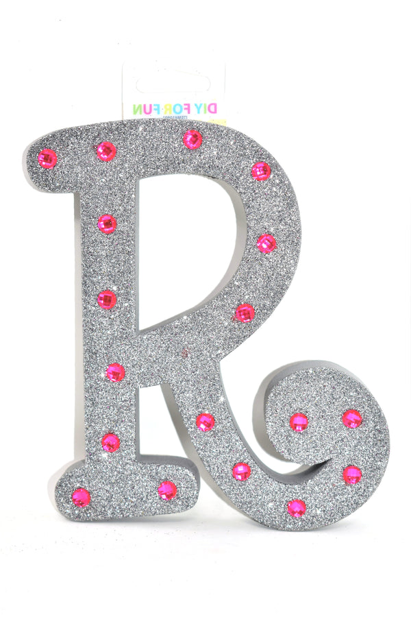 7" Silver Glitter + Pink Rhinestone Foam Letter "R"