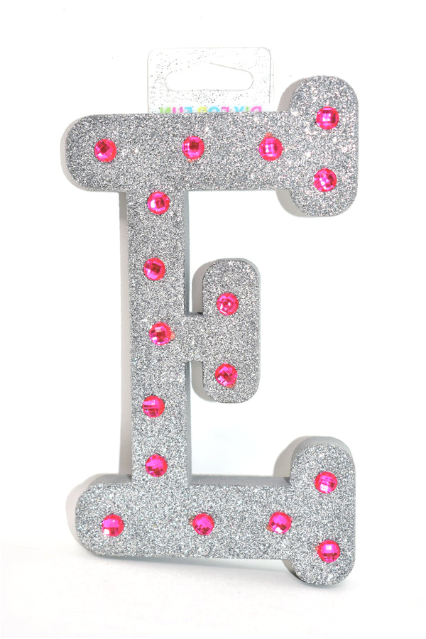 7" Silver Glitter + Pink Rhinestone Foam Letter "E"