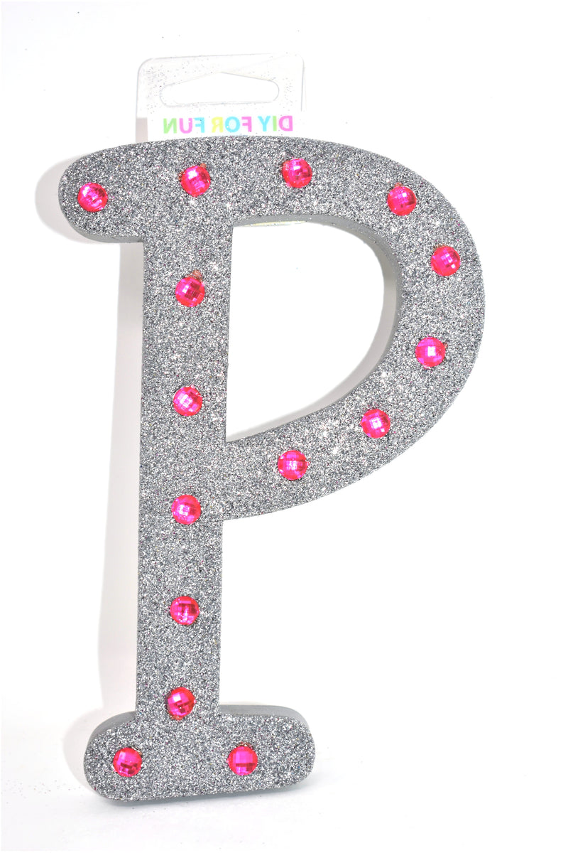 7" Silver Glitter + Pink Rhinestone Foam Letter "P"