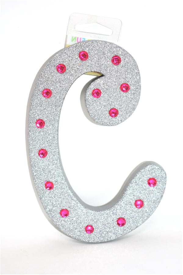 7" Silver Glitter + Pink Rhinestone Foam Letter "C"