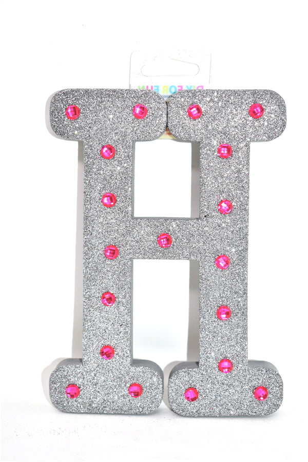 7" Silver Glitter + Pink Rhinestone Foam Letter "H"