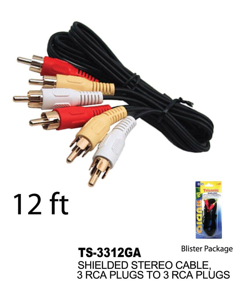 Shielded Stereo Cable 3 RCA Plugs to 3 RCA Plugs, 12 ft.