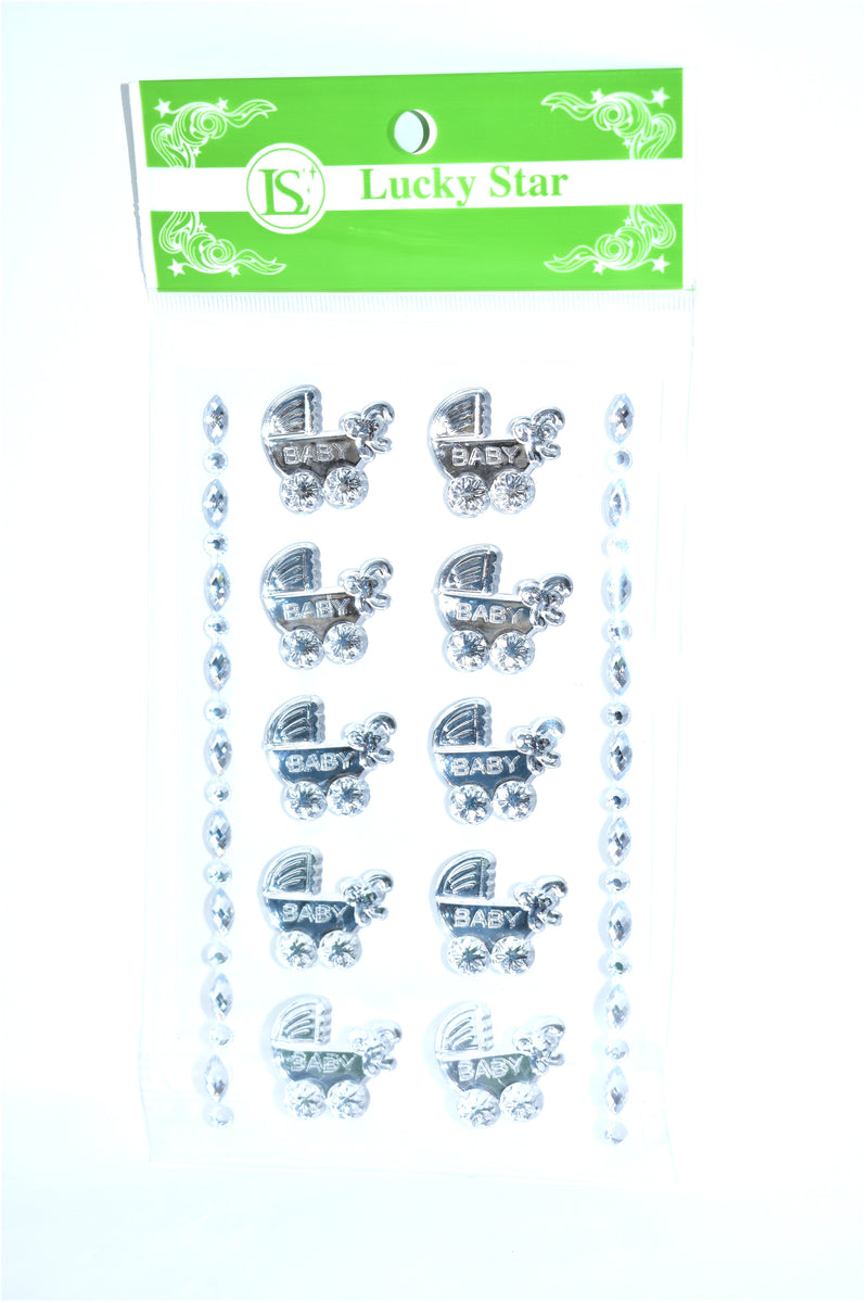 Large Baby Carriage Acrylic Stickers, Silver Color, 10 ct + 2 Decorative Strips