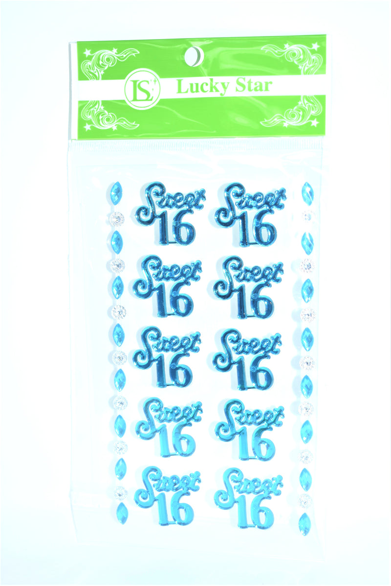 Sweet 16 Acrylic Stickers, Turquoise Color, 10 ct. + 2 Decorative Strips