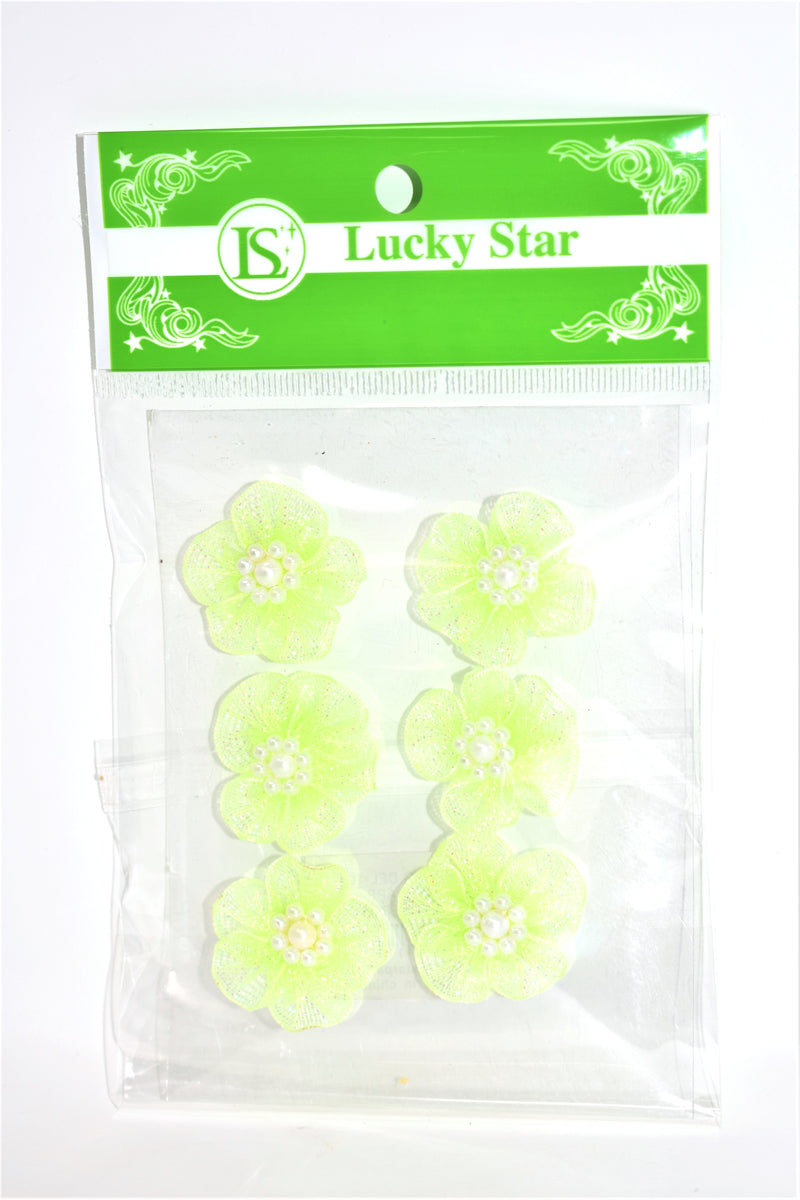 Shimmering Organza Flower With Pearl Appliques, Apple Green Color, 6 ct.