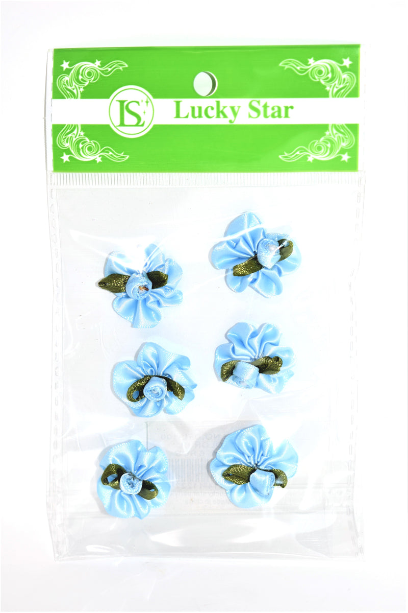 Satin Ribbon Flower With Pearl Design, Blue Color, 6 ct.