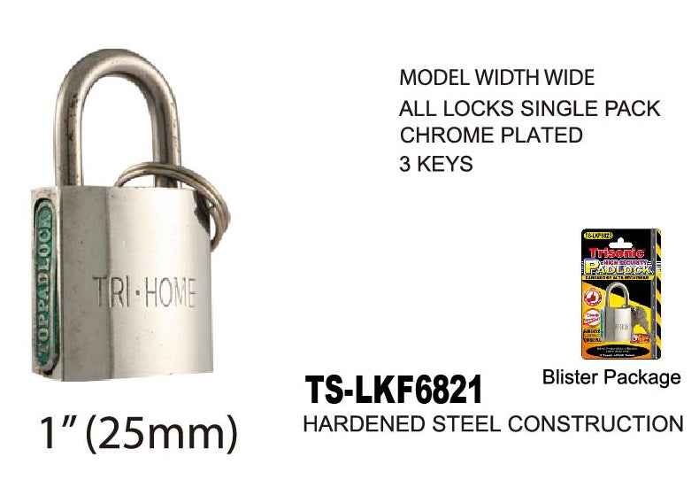 High Security Padlock With Keys, Chrome-Plated, 25 mm